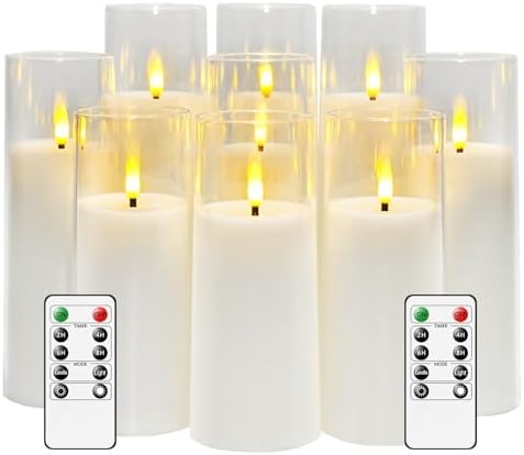 kakoya Flickering Flameless Candles Battery Operated with Remote and 2/4/6/8 H Timer Acrylic Led Pillar Candles Pack of 9 (appr D2.3"xH5.5"6.5"7.5")with Realistic 3D Wick Candles for Home Decor(White) by FLAMELESSCANDLES