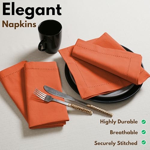 Native Fab Set of 12 Cloth Napkins Hemstitch Corners, 100% Cotton, 18x18 inch, Soft, Absorbent, Washable, Easy Care, Restaurant Hotel Quality - Wedding, Events, Lunch, Dinner Napkins - Orange - Image 2