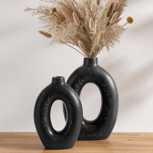 LE TAUCI Ceramic Vases Set of 2, Black Hollow Donut Flower Vases, Modern Decorative Centerpiece for Home Decor, Coffee Table, Shelf, Mantel, Black Bronze Speckle (H10.5”xW8.5”) by LETAUCI