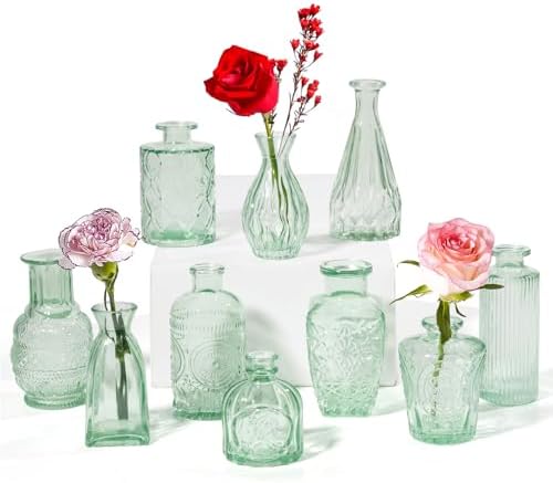 Sage Green Glass Bud Vases Set of 10, Wedding Table Centerpiece by PURVONNIE