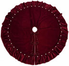 WineRed Velvet Christmas Tree Skirt with Ruffled Edge and Faux Pearl, 60 Inches Rustic Vintage Xmas Tree Skirt for Party Decorations - Image 2