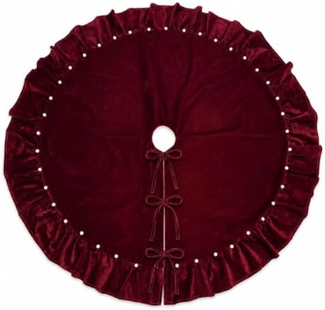 WineRed Velvet Christmas Tree Skirt with Ruffled Edge and Faux Pearl, 60 Inches Rustic Vintage Xmas Tree Skirt for Party Decorations - Image 2
