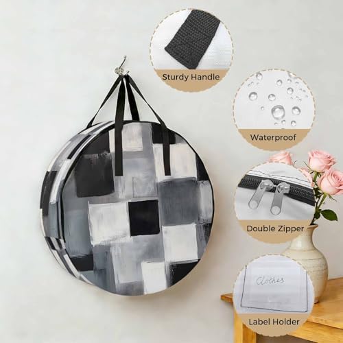 Abstract Oil Painting Round Storage Bag 36 Inch, Black White Grey Watercolor Modern Art Clothes Storage Container with Handles Heavy Duty Organizer for Comforter, Bedding & Holiday Wreaths - Image 5