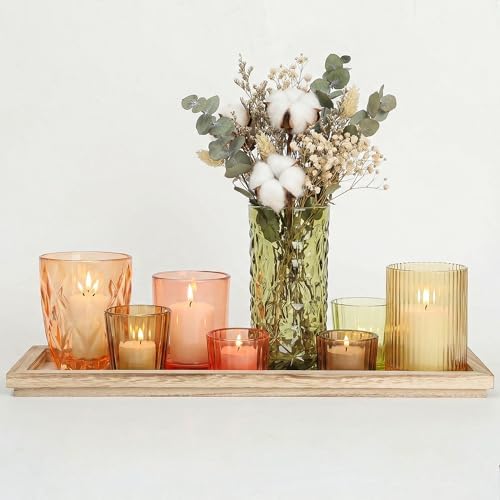 Votive Candle Holders Set with Wooden Tray - 8 Piece Rustic Colored Glass Candlestick & Solid Wood Centerpiece Decor for Mantel, Dining Table, Farmhouse Wedding Decor by SHOHAYTO