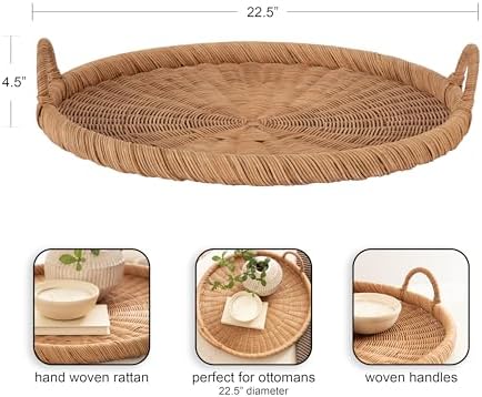 Kate and Laurel Cormont Modern Round Woven Rattan Tray with Handles; 23 Inch Diameter; Natural Rattan; Decorative Circle Boho Tray for Use as Versatile Ottoman Tray or Serving Platter - Image 2
