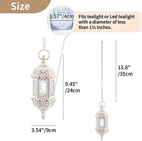 2 Pcs Moroccan Lantern Metalwork Hanging Tealight Candle Holder Metal Glass Indoor Outdoor Battery Operated LED Flameless with 35cm Chain, White - Image 5