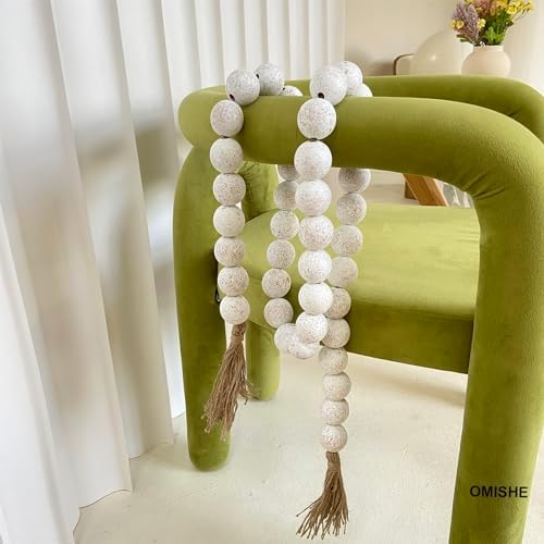 OMISHE 76" Long Extra Large Wood Bead Garland with 1.6" Diameter Wooden Beads and Tassels, Rustic Farmhouse Country Decorative Beads for Home Tiered Tray Decor, Rustic White - Image 6