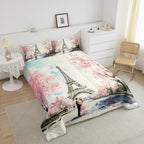 Paris Decor Comforter Set Full Girly French Eiffel Tower Bedding Sets For Girls Kids Women Couple Bedroom Pink Cherry Blossoms Duvet Insert Watercolor Paris Tower Comforter Valentine 3 Pieces - Image 4