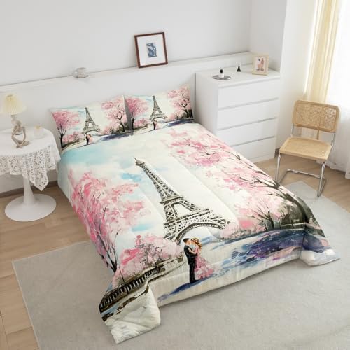 Paris Decor Comforter Set Full Girly French Eiffel Tower Bedding Sets For Girls Kids Women Couple Bedroom Pink Cherry Blossoms Duvet Insert Watercolor Paris Tower Comforter Valentine 3 Pieces - Image 4