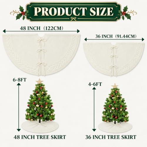 36 Inch White Knitted Christmas Tree Skirt Small Thick Cable Knit Round Cream for 4ft 5ft Tree Rustic Farmhouse Neutral Christmas Decor Tree Base Cover Xmas Home Decor (White-03) - Image 3