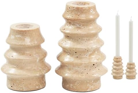 Travertine Marble Candlestick Holders - Set of 2 Stone Candle Sticks Holder Tree Decor, Decorative Modern Candle Stands for Taper Candles by LWALMS