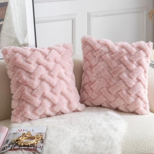 Yaertun Set of 2 Decorative Throw Pillow Covers Thick Plush Wool Throw Pillows Super Soft Luxury Faux Rabbit Fur Velvet Cushion Covers for Couch Sofa Bed Living Room 24x24 Inch Pink - Image 2
