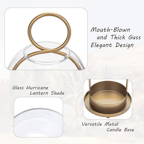 Hurricane Candle Holders Set of 2, 5" & 4" Metal and Glass Candle Lantern with Clear Dome for Pillar Candle, Wedding & Christmas Table Centerpiece, Farmhouse Home Decor (Brass, Large & Small) - Image 4