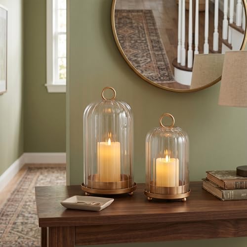 Vintage Brass Metal Candle Lantern with Ribbed Thick Glass Dome Set of 2 - Image 7