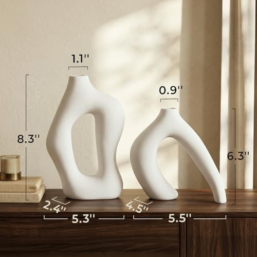 Dowan White Vases for Decor,Hollow Ceramic Vase Set of 2,8.3" Nordic Modern Boho ins Style Decorative Ceramic Aesthetic Flower Vase for Home Decor Modern Minimalist Table, Entryway Centerpieces - Image 2