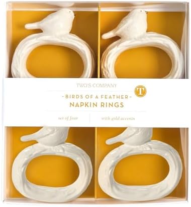 Two's Company Birds of a Feather, Set of 4 Bird Napkin Rings with Gold Accents in Gift Box, 3.5-Inch, White - Image 2