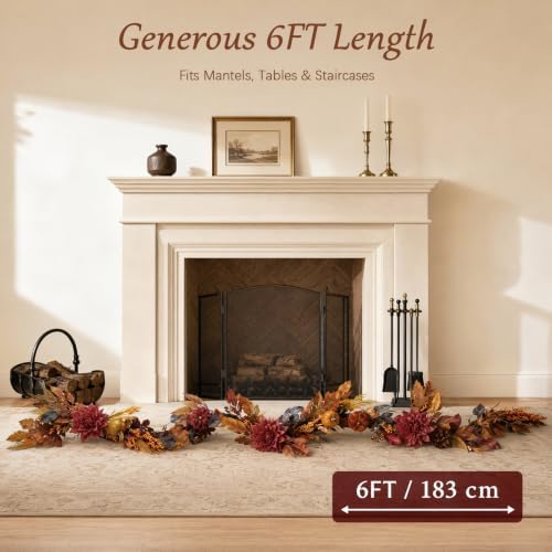 Thanksgiving Harvest Garland 6FT, Dahlia Pumpkin Pomegranate Berries Maple Leaves Grapevine with LED Lights, Fall Farmhouse Mantle Decor and Autumn Fireplace Table Centerpiece - Image 2