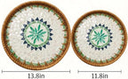 Boho Handwoven Rattan Tray with Mother of Pearl Inlay, 35 and 30cm Round Decorative Trays, Wooden Base Serving Tray Coffee Table & Wall Hanging Decor (2 Suites, Pattern:GreenSun) - Image 2