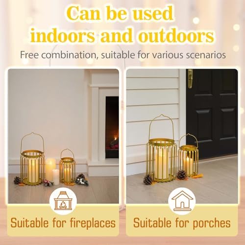 Farmhouse Lantern Decor Set of 2.Metal Candle Holders, Rustic Modern Vintage Style for Indoor Outdoor, Porch Patio Fireplace Mantle Wedding Decor (Gold,Candles not Included) - Image 5
