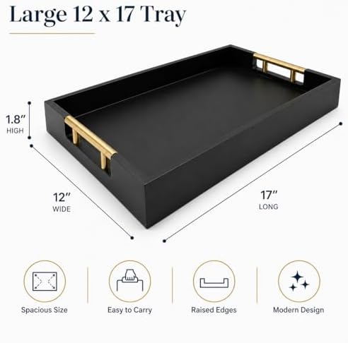Luxury Black Ottoman Tray with Gold Handles – 12x17 Large Decorative Serving Tray for Coffee Table, Couch, Breakfast in Bed & Home Décor – Modern Wood Display Tray - Image 3