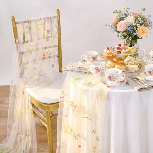 Beige White Floral Gauze Table Runner 10ft Embroidery Spring Tulle Linens - Image 2