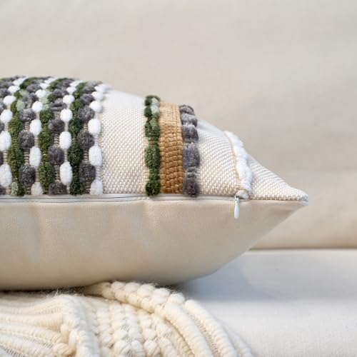 Aeckself Boho Pillow Covers 18x18 Inch Set of 2, Farmhouse Decorative Striped Square Chenille Tufted Accent Neutral Throw Pillow Covers for Living Room Couch Bed, Green - Image 3
