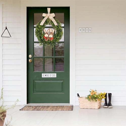22" Spring Easter Wreath for Front Door - Easter Bunny Wreath - Artificial Green Boxwood Wreath with Burlap Bow & Sisal Bunnies - Spring Easter Holiday Decor for Home Door, Porch, Wall,Window - Image 3