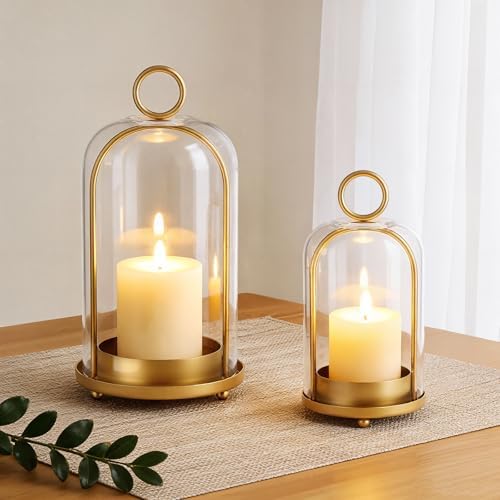 Metal Candle Holder, 5"&4" Wide Hurricane Glass Candle Holders with Handmade Glass Dome, Hanging Brass Candle Lantern for Pillar Candles, Table Coffee Decor, Interior Decoration (Not Included Candles) by Beolisav