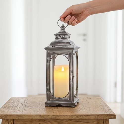 TRIROCKS Vintage Candle Lanterns 14''H Decorative Outdoor Lantern Metal Candle Holder with Tempered Glass for Home Living Room Garden Yard Parties Event Indoors Outdoors (Grey) - Image 3