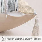 decorUhome Boho Decorative Throw Pillow Covers 18x18 Set of 2, Striped Chenille Tufted Pillow Covers with Tassels for Couch Bed Sofa, Cream White and Light Grey - Image 5