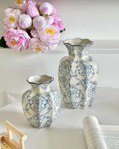 Vintage Blue Ceramic Vase, Blue and White Porcelain Decorative Flower Vase for Centerpiece Living Room Table Shelf, Chinoiserie French Country Decor - Image 5