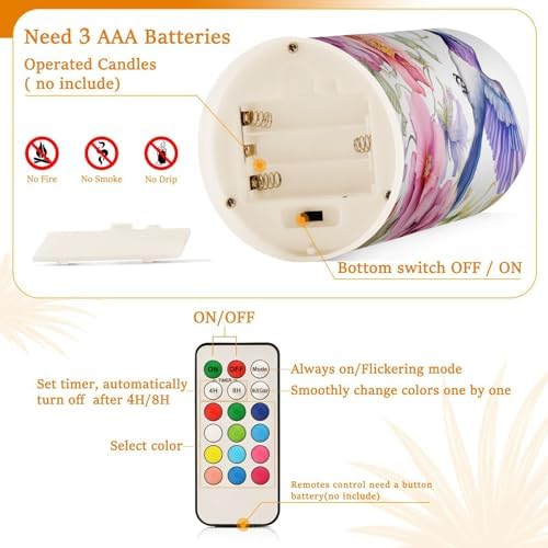 ALAZA Spring Hummingbird Flowers Flickering Flameless Candles Battery Operated with Remote Timer,Tea Light Candles LED Pillar Votive Candles Set of 2 for Outdoor Indoor Decorations - Image 4