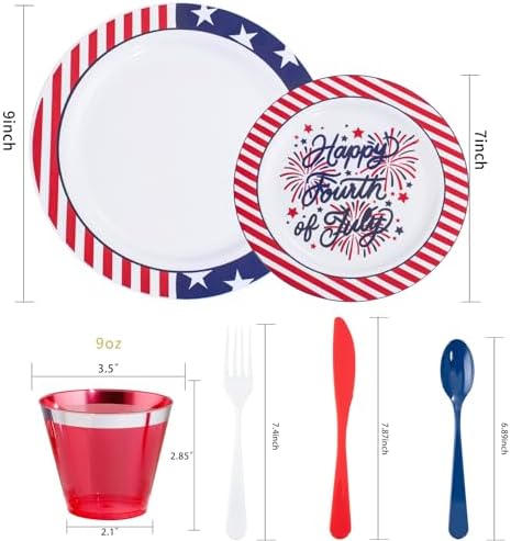 LIYH 180 Pcs 4th of July Plastic Plates Red White Blue, Plastic Silverware Patriotic Party Memorial Day Plate for Independence Day 4th of July Decorations 30 Guests - Image 2