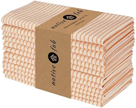Native Fab Cloth Napkins 18x18 inches, 100% Cotton Vintage Stripped Dinner Napkins, Set of 12, Soft Breathable Absorbent, Machine Washable Cloth Napkins, Orange Beige by NativeFab
