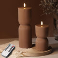 Brown Ribbed Fall Flameless Pillar Candles with Remote Set of 2 by Girimax
