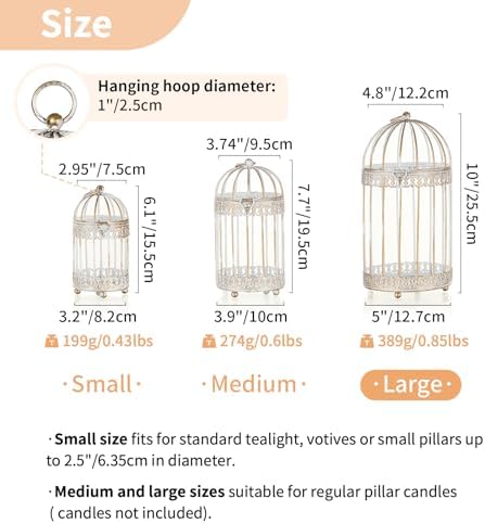 NUPTIO Decorative Bird Cage Lantern: 2 Set of 10 inch Tall Rustic White Birdcage Lanterns Centerpiece Vintage Decorating Metal Pillar Candle Holder for Christmas Bridal Shower Party Decor - Image 6