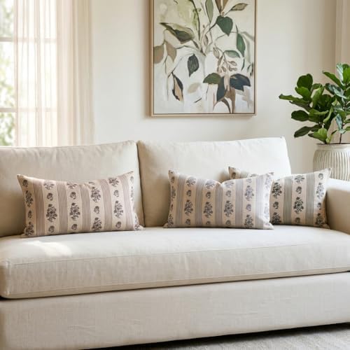 Amor Virisso Floral Throw Pillow Covers 12 x 20 Set of 2 Block Print Pillow Covers Neutral Floral Striped Farmhouse Decorative Pillow Covers for Sofa Couch Bed, Light Blue - Image 6