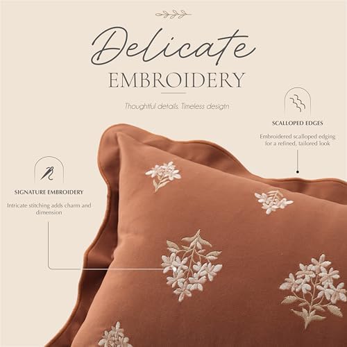 BlissBlush Long Lumbar Pillow Cover 14x36 for Bed, Terracotta Velvet Decorative Lumbar Pillow Cover, Floral Accent Cushion Cover with Embroidery and Scalloped Edge for Couch Sofa Bed, Cover ONLY - Image 2