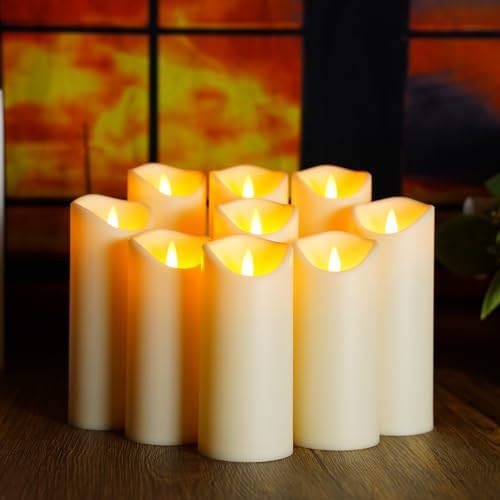 kakoya Flickering Flameless Candles, Battery Operated Acrylic LED Pillar Candles with Remote Control and Timer,Set of 9 (Ivory) - Image 4