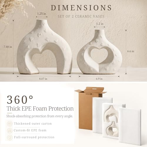White Ceramic Flower Vases Table Decor Heart Shaped Vase Set of 2 - Image 2