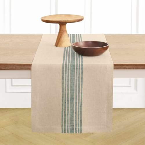 Solino Home 100% Linen Table Runner, 14 x 90 in, Green and Natural Striped by SolinoHome