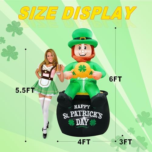 6FT Tall St. Patricks Day Inflatables Leprechaun Holding Lucky Shamrock Sitting on the Pot of Gold Built-in LED Lights for St. Patricks Day Decorations Outdoor - Image 2