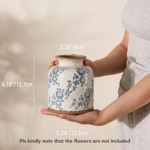 Ronasip Blue Camellia Chinoiserie Vase, 6.2” Crackled White Ceramic Vase with Antique Distressed Edges, Hand-Painted Vintage Floral Vase for Home Decor, Farmhouse Table Centerpiece (Blue, 6.2") - Image 5