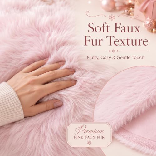 AOGU 60 Inch Faux Fur Christmas Tree Skirt Pink Plush Skirt for Merry Christmas Party Christmas Tree Decoration - Image 2