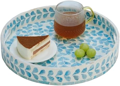 PEMAR 12.6” Mother of Pearl Round Serving Tray with Handles, Decorative Nacred Wooden Ottoman Coffee Table Tray (Teal Floral Pattern) - Image 4