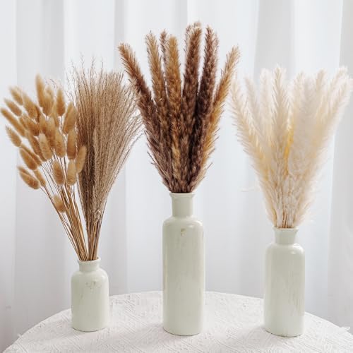 Pampas Grass with Vase Set – 3 Beige White Ceramic Vases with Natural Dried Pampas, Bunny Tails & More – Neutral Farmhouse Decor for Fireplace, Home, Mantel, Entryway, Kitchen & Boho Table Centerpiece - Image 7