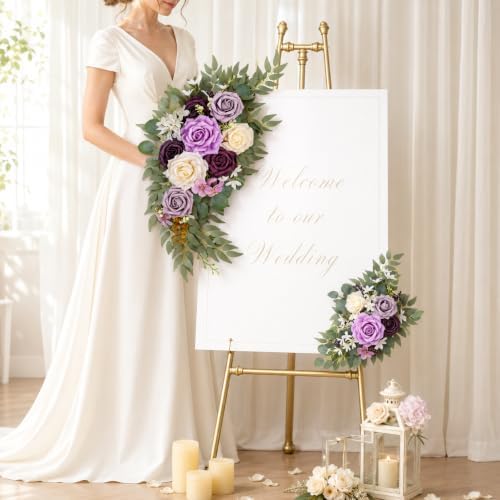 AitnWoy Artificial Wedding Arch Flowers Kit 2 PCS Dust Rose Flowers Silk Peony Floral Swag Welcome Sign for Wedding Ceremony Party Home Garland Decor (Purple) - Image 2
