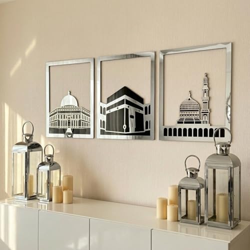 iwa concept Masjid Al Aqsa, Kaaba & Masjid An-Nabawi Islamic Wall Art, Wooden Blessed Places Islamic Wall Decor, Gift for Muslims at Ramadan Eid (Large, Silver | All Three) - Image 6