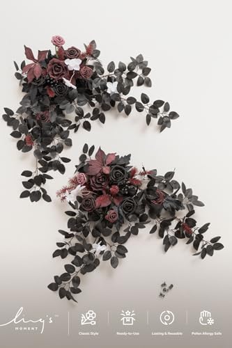 Ling's moment Welcome Sign Flowers, Wedding Floral Swag, Black and Burgundy - Image 6