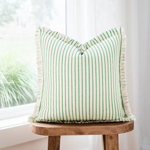 ZWJD Throw Pillow Covers 26x26 Set of 2 Green Striped Pillow Covers with Fringe Chic Cotton Decorative Pillows Square Cushion Covers for Sofa Couch Bed Living Room Farmhouse Spring Decor - Image 4